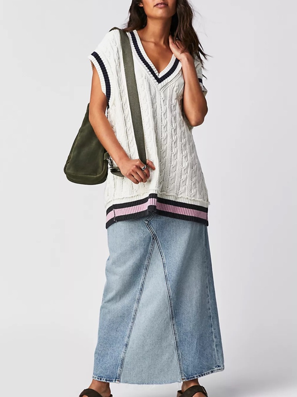 We The Free Home Game Cable Knit V-Neck Sweater Vest Waistcoat